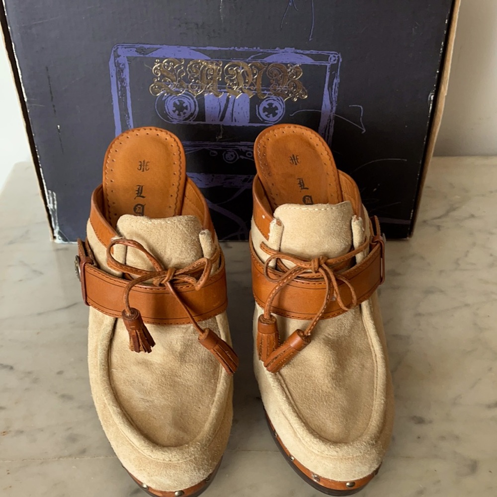 SANB Royal Elastics Women’s 5in Wedge Slide Camel Suede/Leather SZ 9
